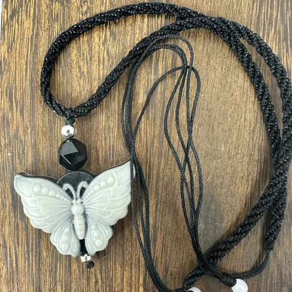 Tai Chi Stone Butterfly Pendant Necklace on Adjustable Black Rope - Picture 12 of 13